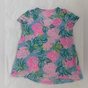 Lilly Pultizer Etta Floral V-Neck Tropical Print Tee - Pink & Teal